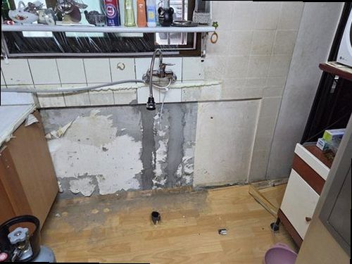 상록구 누수탐지 주방 천장과 싱크대 하부의 누수 흔적을 비교 확인하는 모습